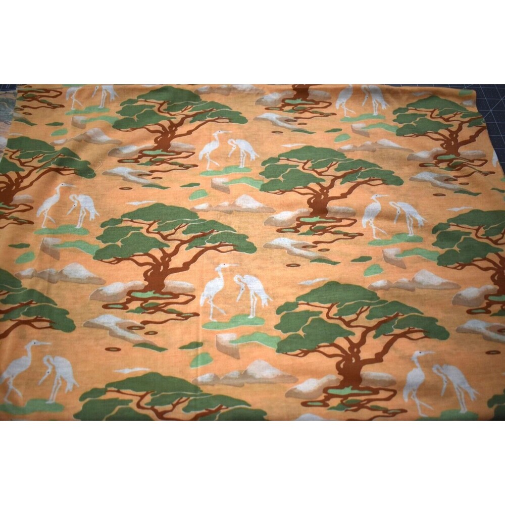 2 Yards Salmon Color Green Trees Birds Granny Core Fabric Material New Old Stock